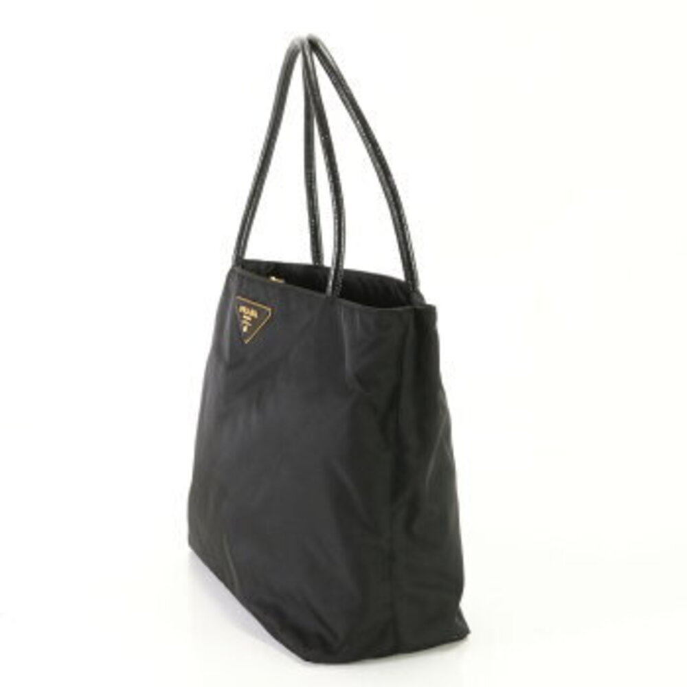 Prada tote handles black top leather bag logo triangular Tessuto